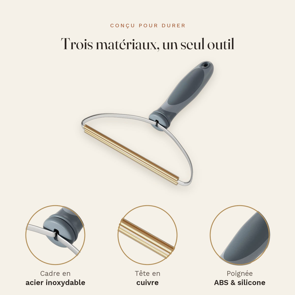 Détails : cadre en acier inoxydable, tête en cuivre, poignée ABS et silicone
